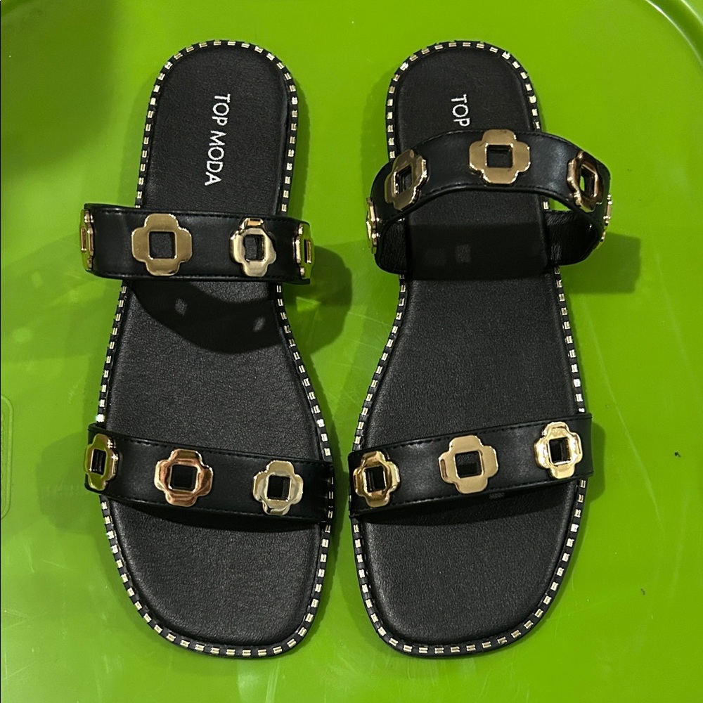 TOP MODA Black and Gold Embellished Sandals